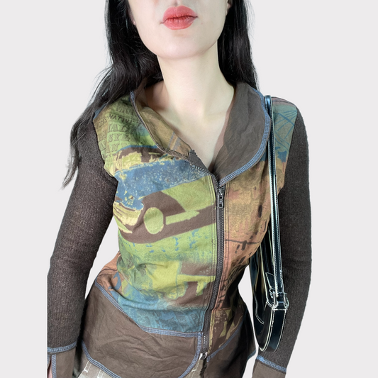 Vintage 90's Grunge Brown and Green Asymmetrical Zipper Blouse (S)