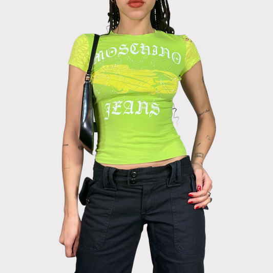 Vintage 2000's Archive Moschino Green Baby Tee with Lace Sleeves (S)