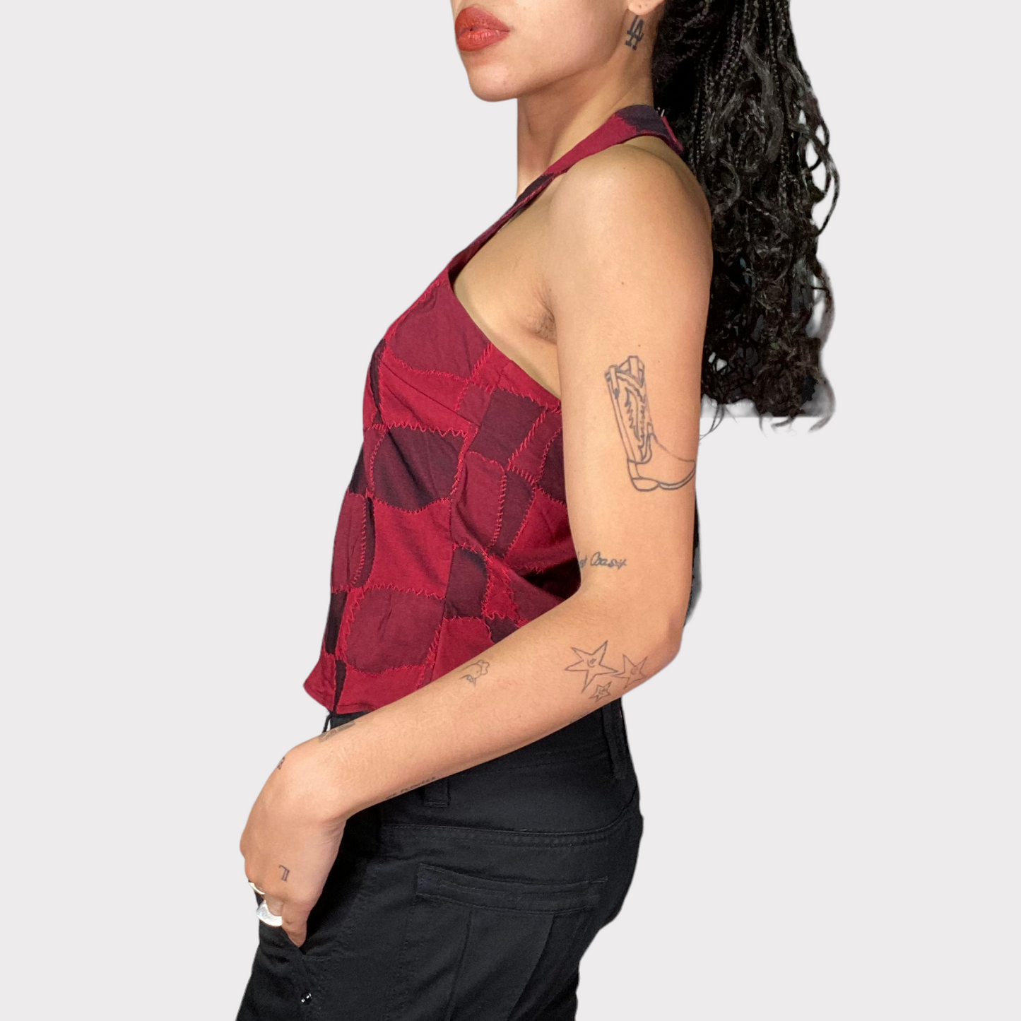 Vintage 2000's Indie Red Patchwork Halter Neck Top (M)