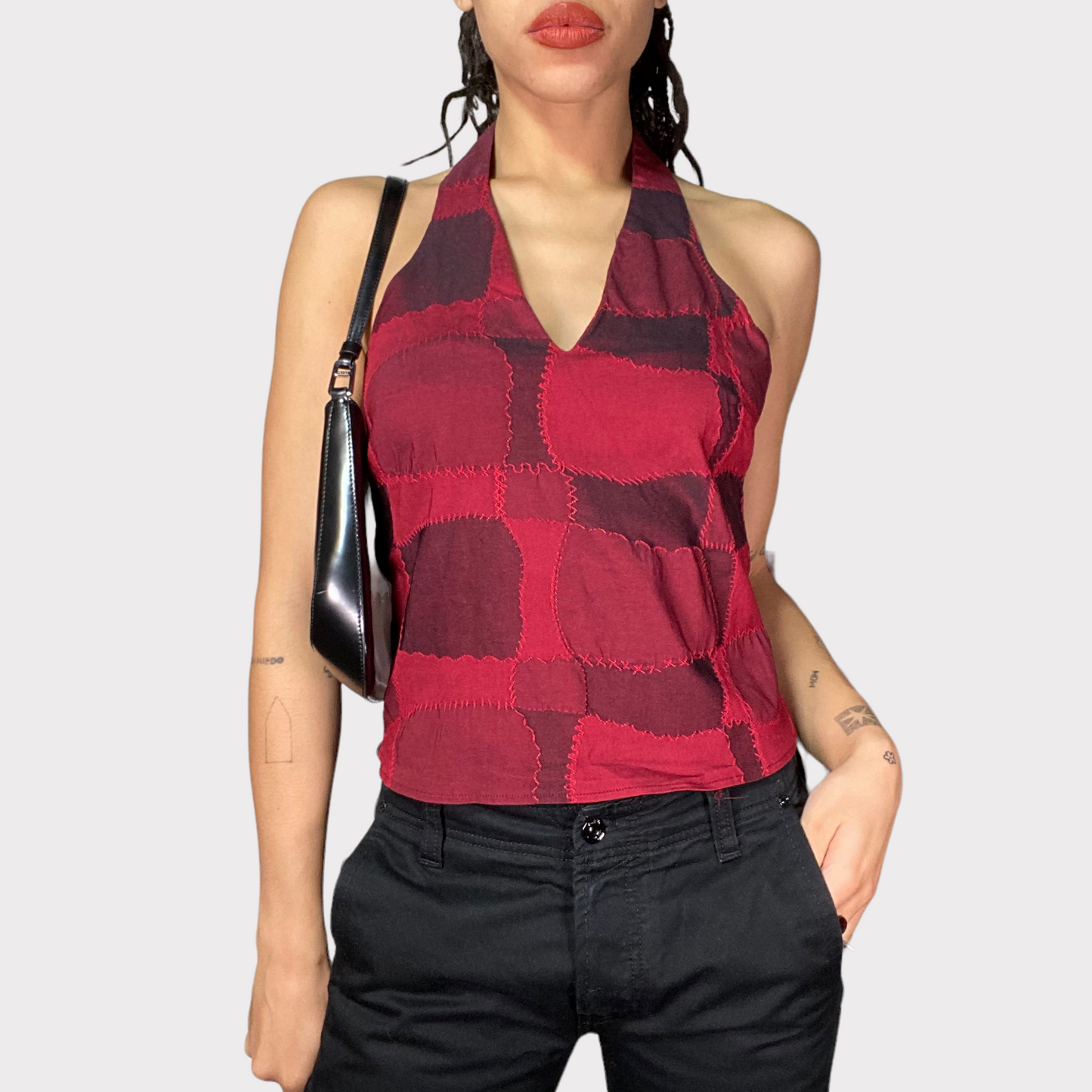 Vintage 2000's Indie Red Patchwork Halter Neck Top (M)