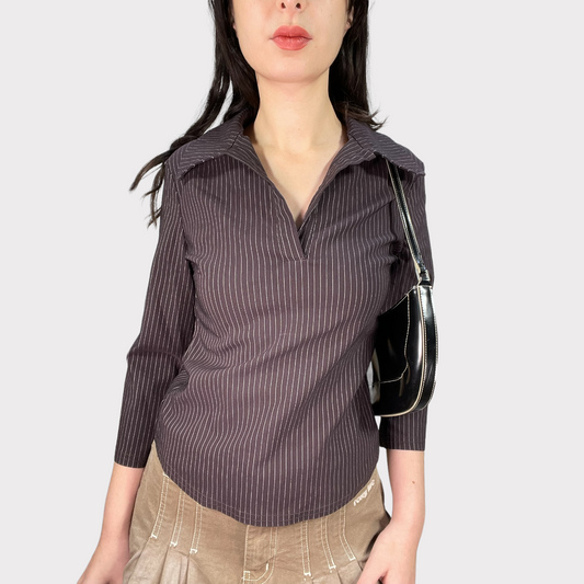 Vintage 90's Rachel Green Brown Pinstripe Blouse (M)