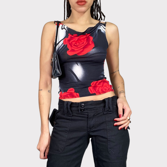 Vintage 90's Romantic Black High Neck Top With Rose Print (S)