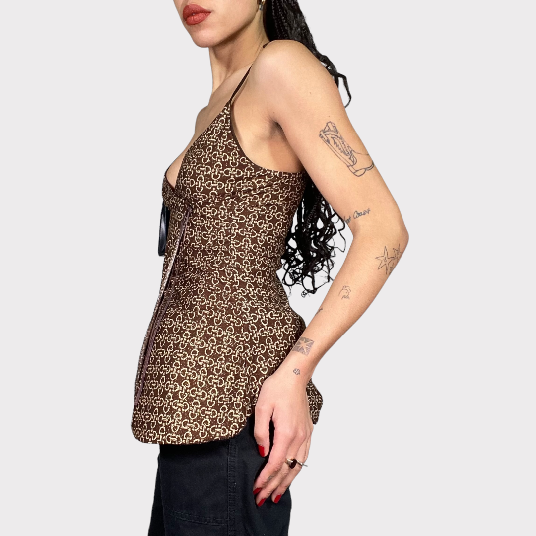 Vintage 90's Downton Girl Brown Crossed Glittery Cami Top (S)