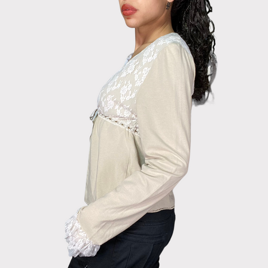 Vintage 2000's Fairy Beige Front Tie Longsleeve with Lace Details (S/M)