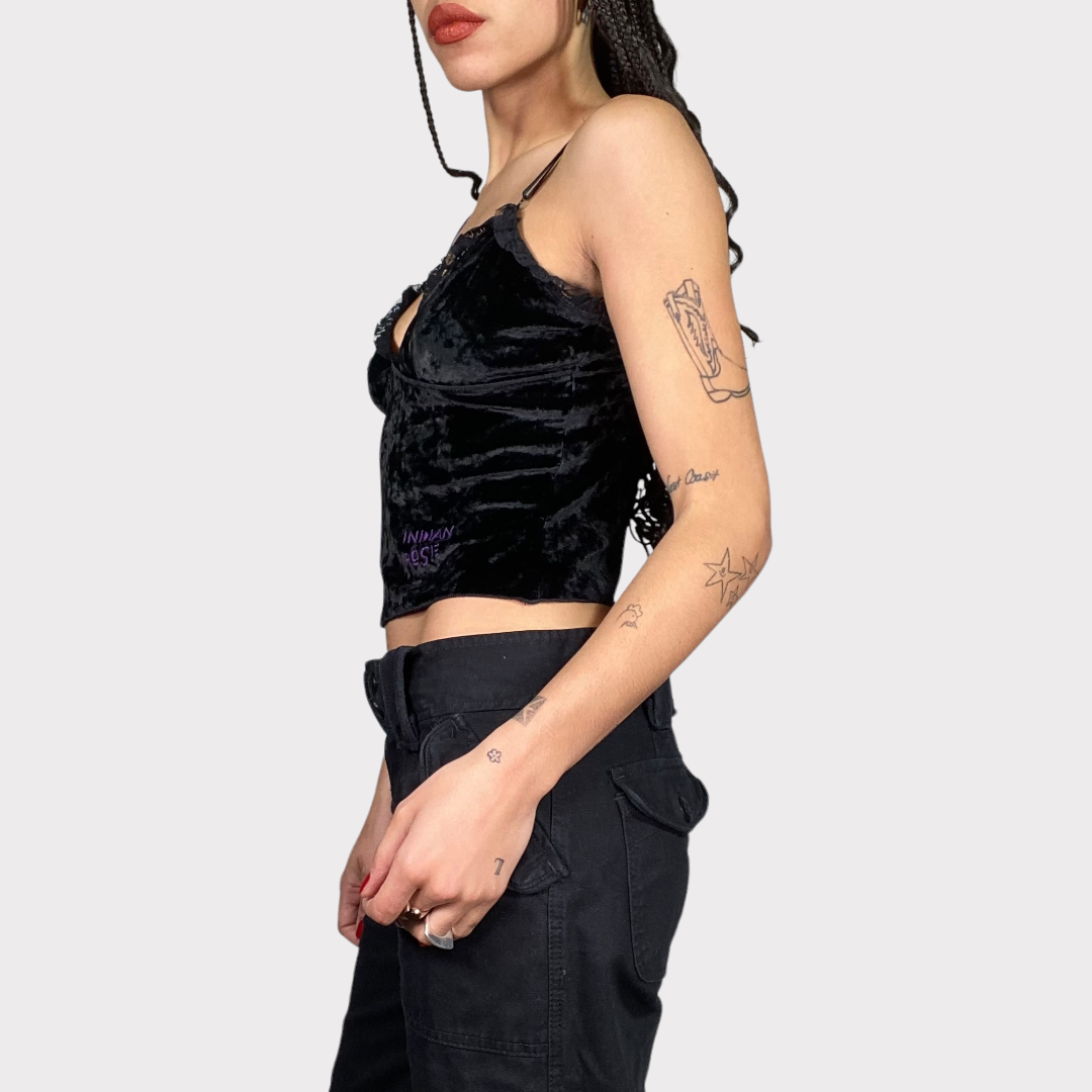 Vintage 90's Clubwear Black Velvet Cami Top with Mesh Trim Details (S)