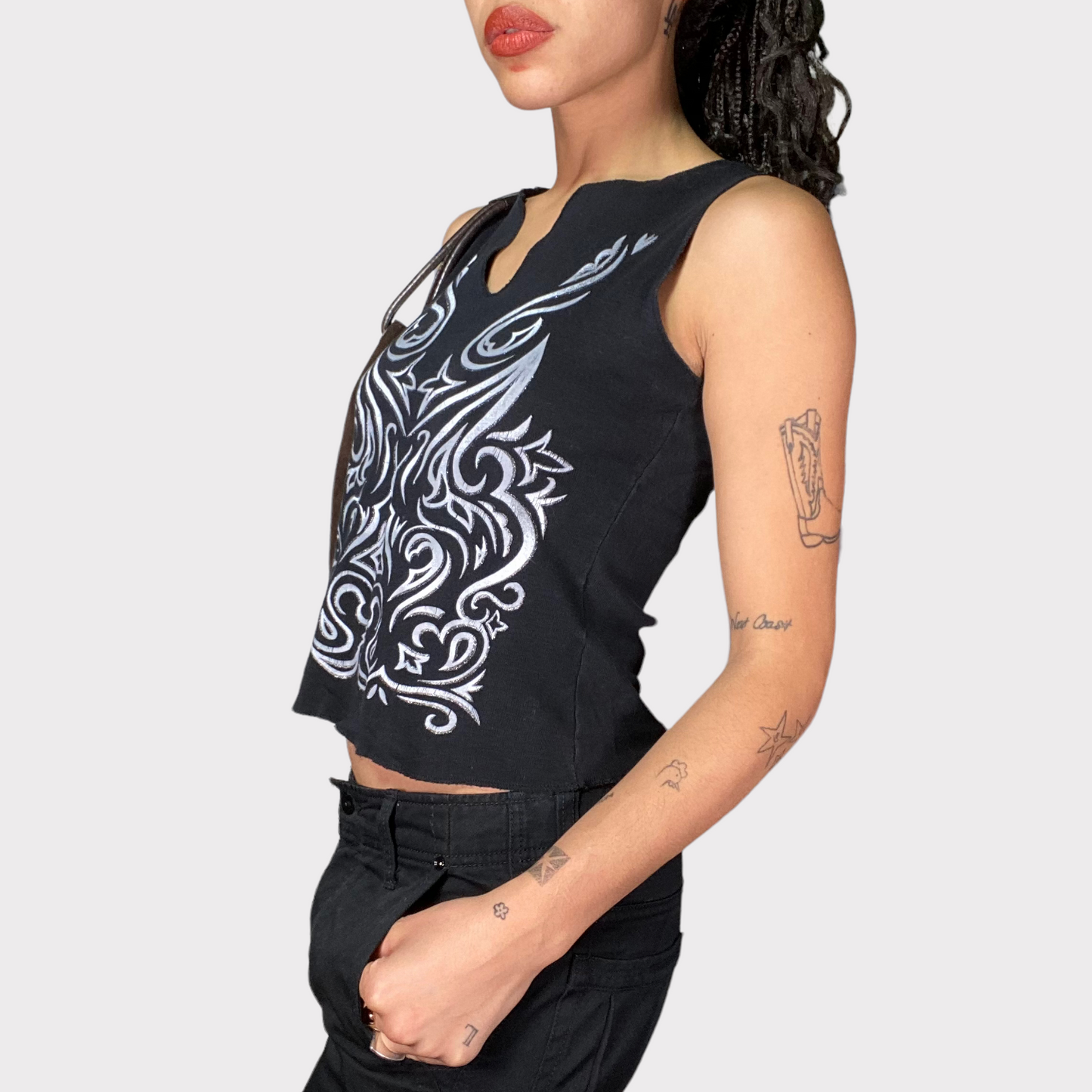 Vintage 2000's Grunge Black Tank Top with Tribal Print (M)