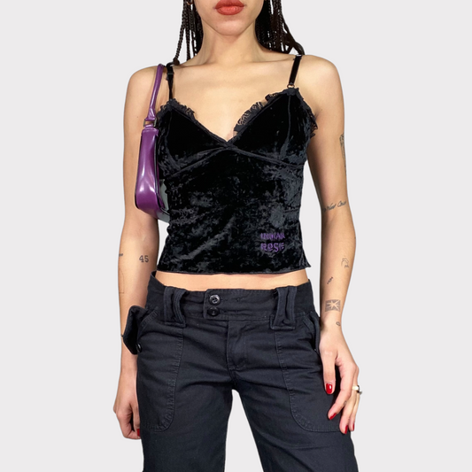 Vintage 90's Clubwear Black Velvet Cami Top with Mesh Trim Details (S)