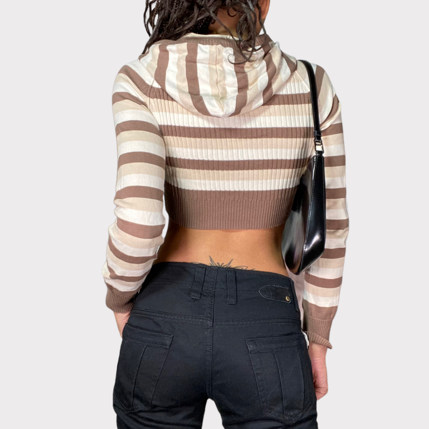 Vintage 2000's Skater Beige Striped Cropped Zip Up Hoodie (XS/S)