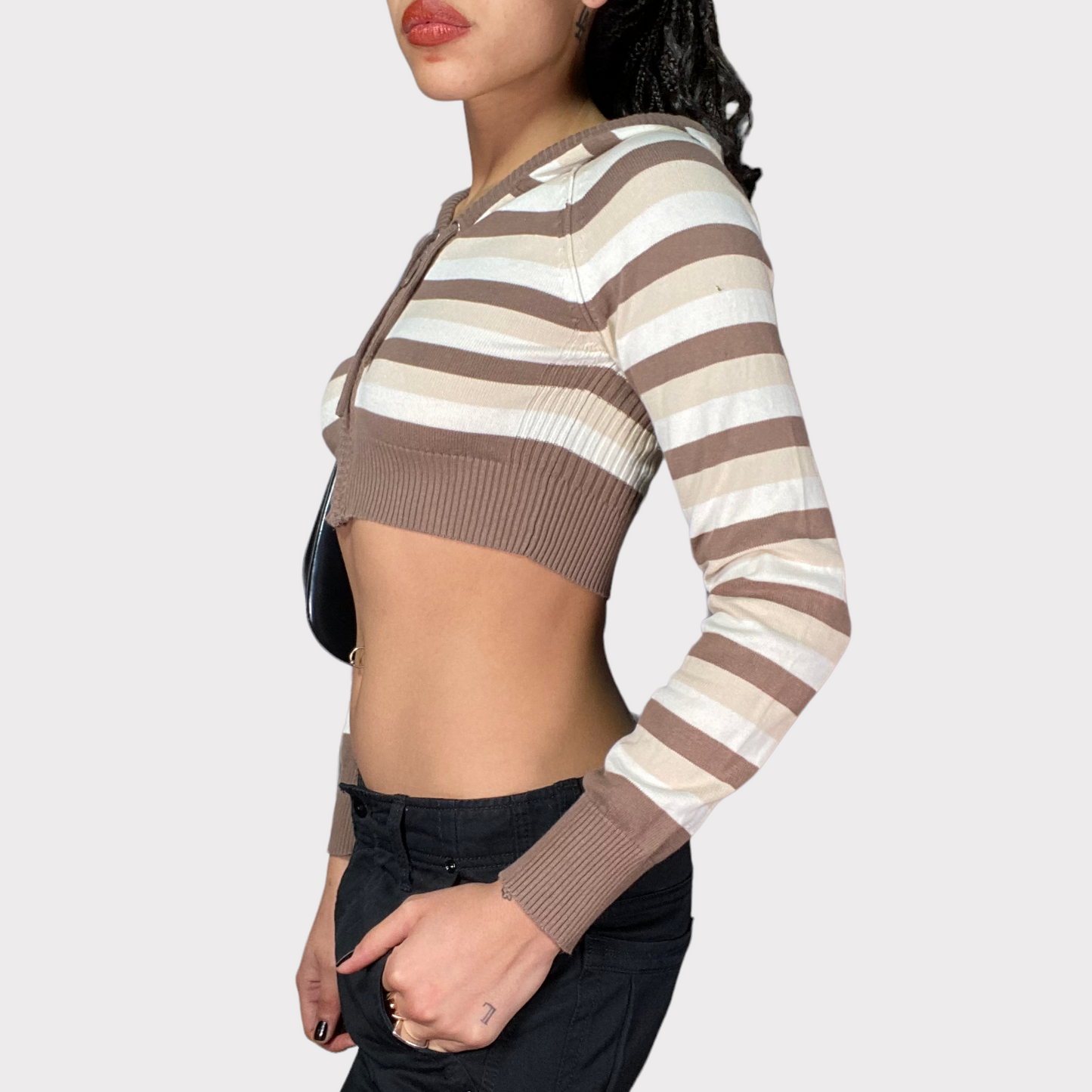 Vintage 2000's Skater Beige Striped Cropped Zip Up Hoodie (XS/S)