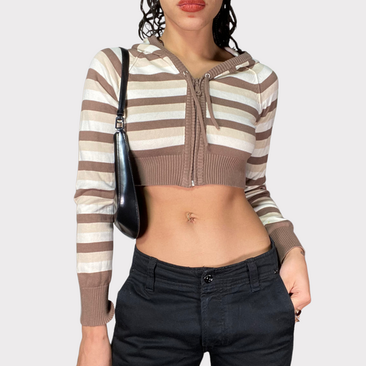 Vintage 2000's Skater Beige Striped Cropped Zip Up Hoodie (XS/S)