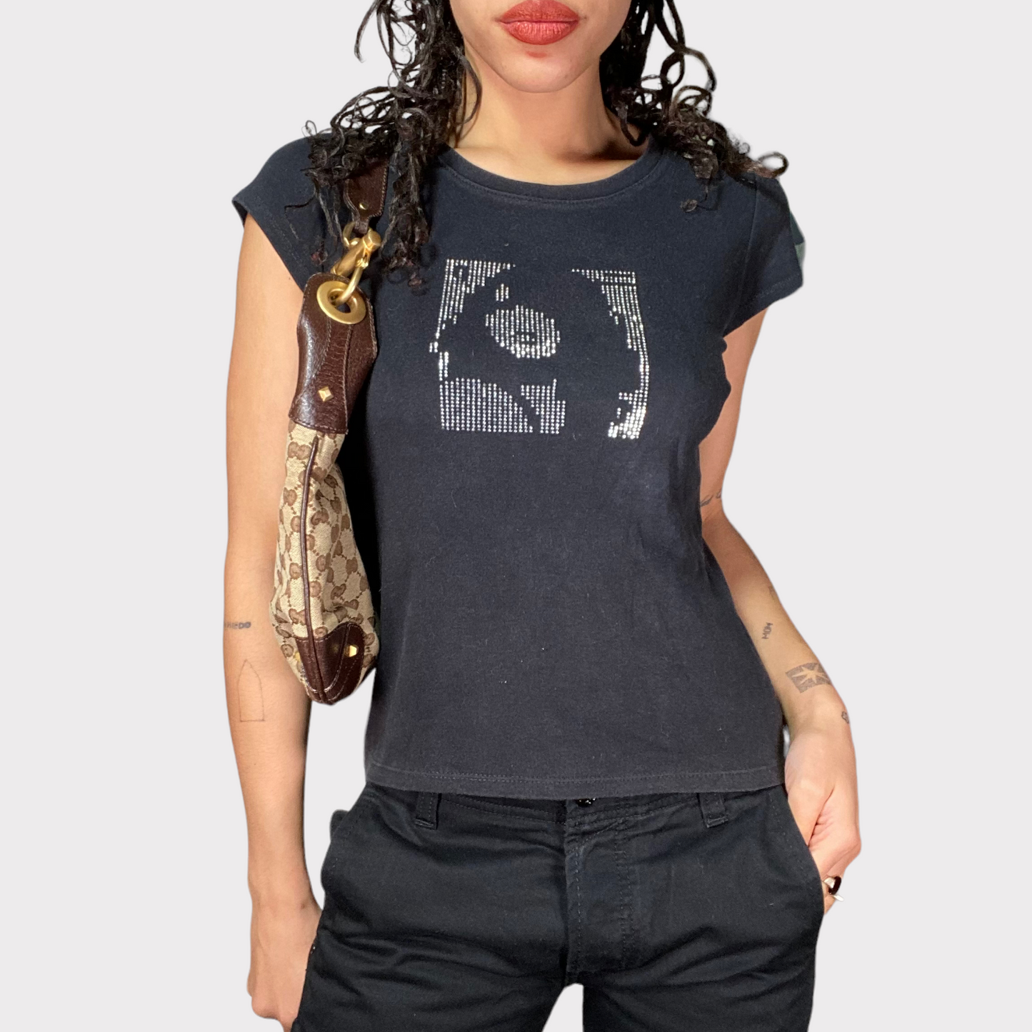 Vintage 90's Rock Black Shirt with Rhinestone Face Print (S)
