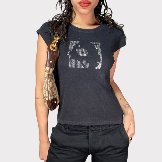 Vintage 90's Rock Black Shirt with Rhinestone Face Print (S)
