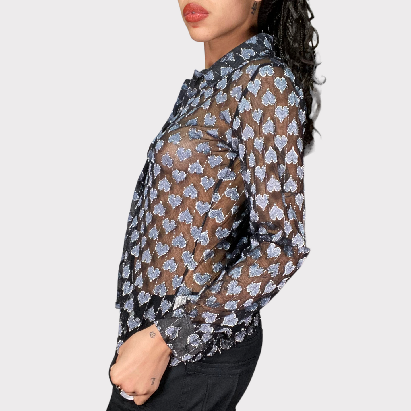 Vintage 90's Funky Black Heart Mesh Button Up Blouse (S/M)