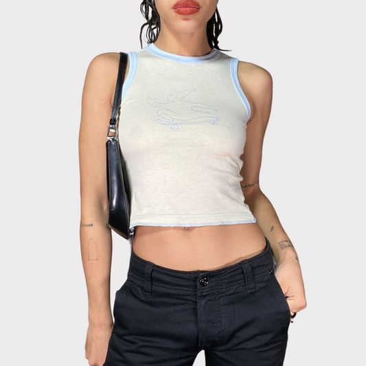 Vintage 90's Skater Beige Tank Top with Ghost on Skateboard Print (S)