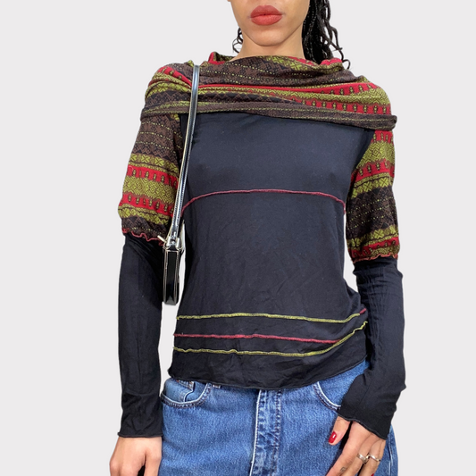 Vintage 90's Indie Black and Multicolor Funky Neckline Sweater (S/M)