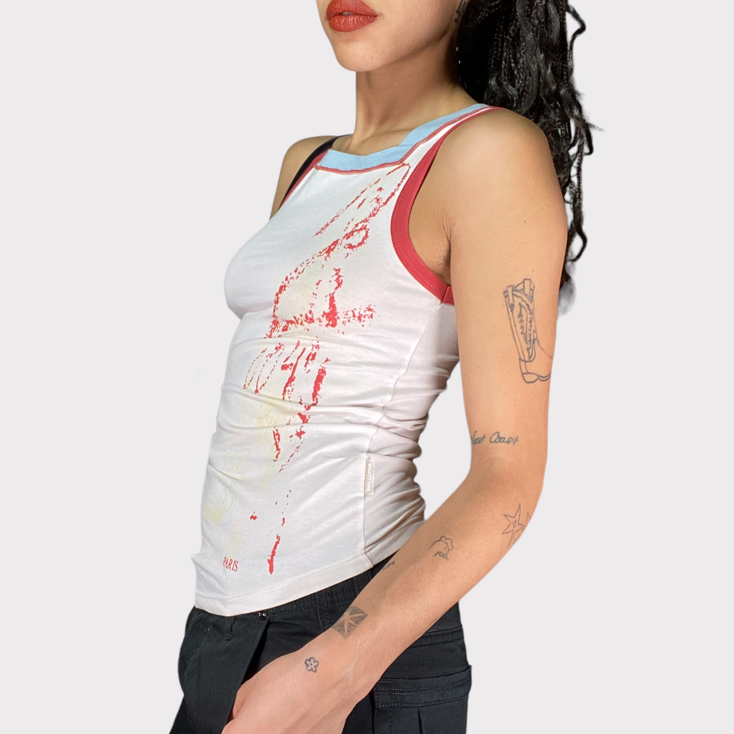 Vintage 2000's Archive Cop Copine White Tank Top with Red/Blue Details (S)