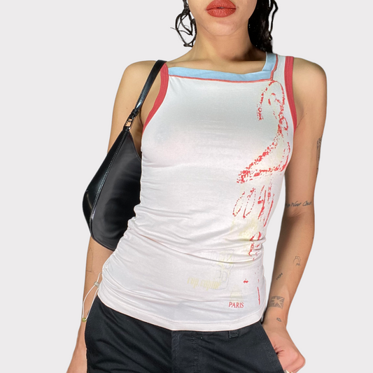 Vintage 2000's Archive Cop Copine White Tank Top with Red/Blue Details (S)