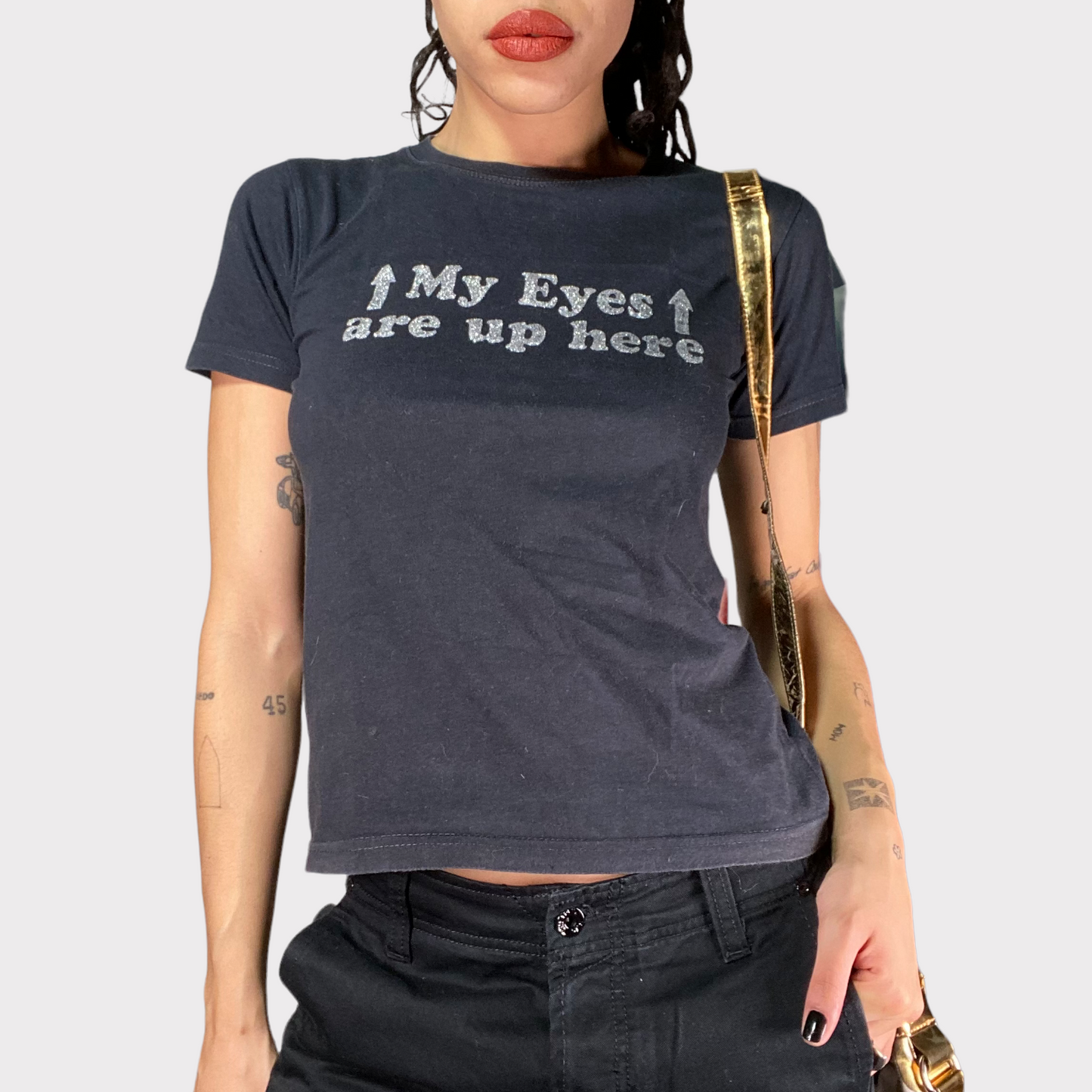 Vintage 2000's Funky 'My Eyes are Up Here' Black Baby Tee (S/M)