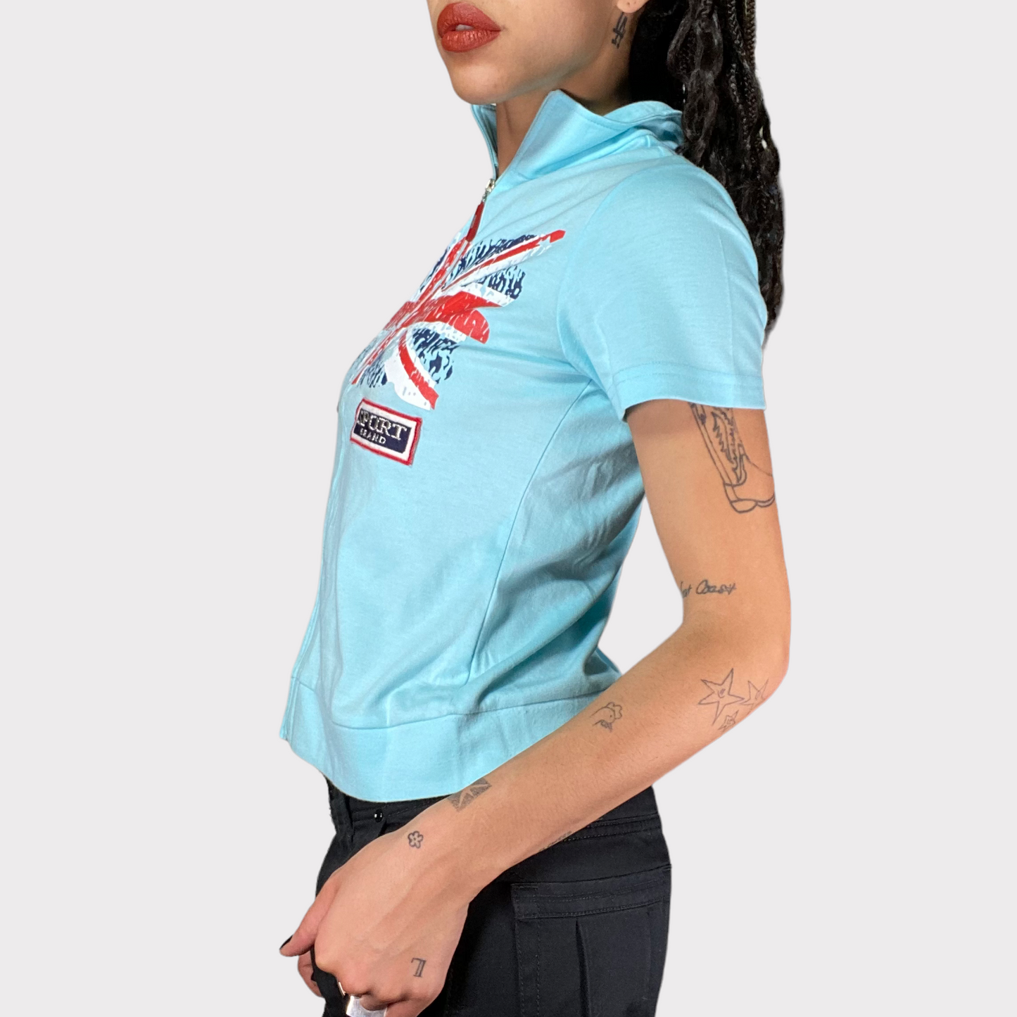 Vintage 2000's Sporty Light Blue Zip Up Shirt with UK-Flag Print (S)