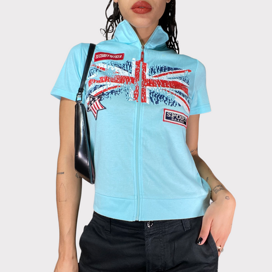 Vintage 2000's Sporty Light Blue Zip Up Shirt with UK-Flag Print (S)