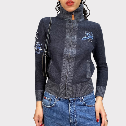 Vintage 90's College Dark Grey Zip Up 'La Martina' Knit Sweater (S)