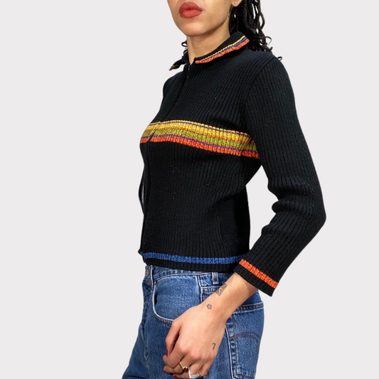 Vintage 90's Hippie Black Knit Zip Up With Rainbow Details (S)