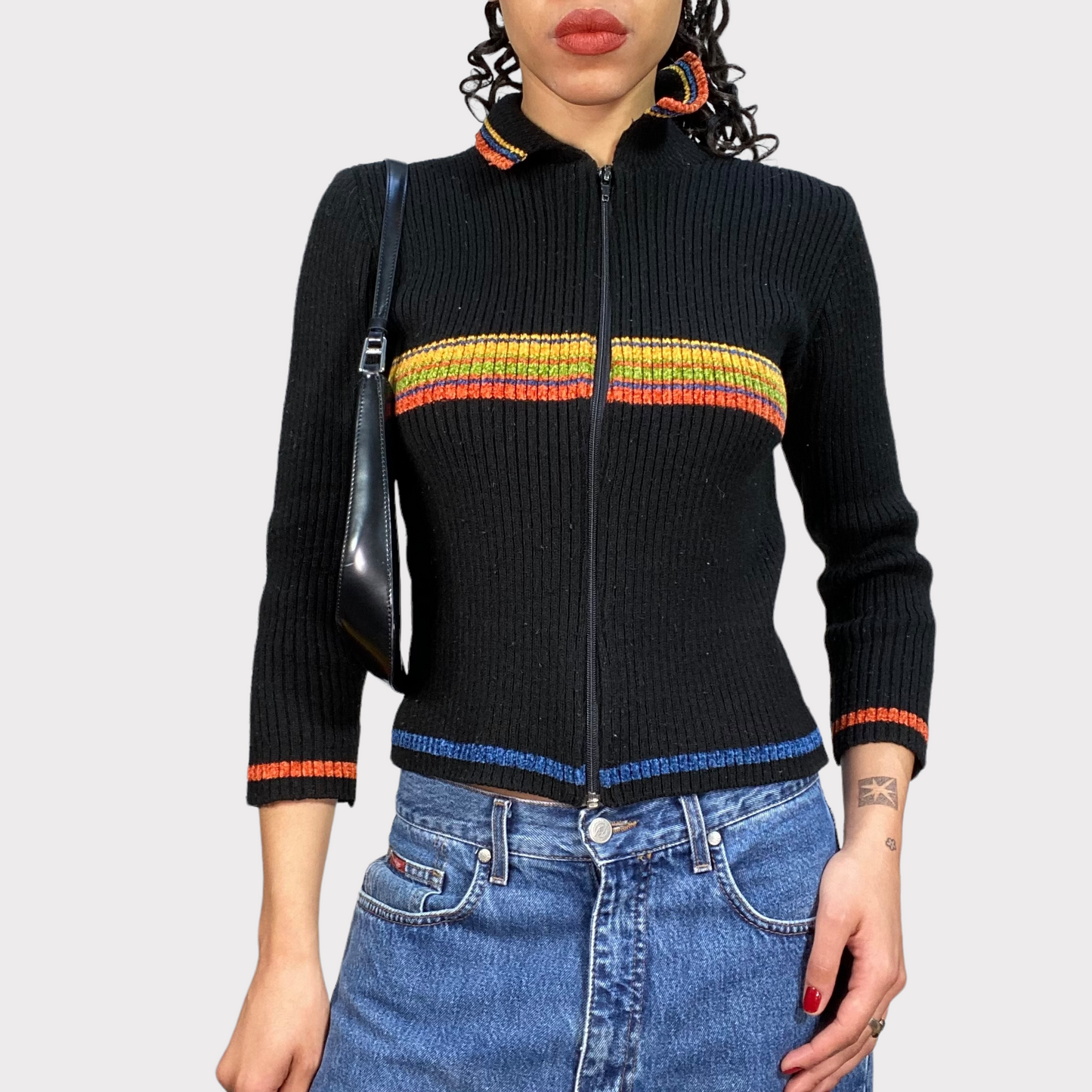 Vintage 90's Hippie Black Knit Zip Up With Rainbow Details (S)