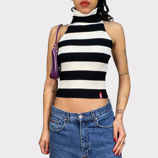 Vintage 2000's Miss Sixty Black and White Striped Sleeveless Turtleneck (S)