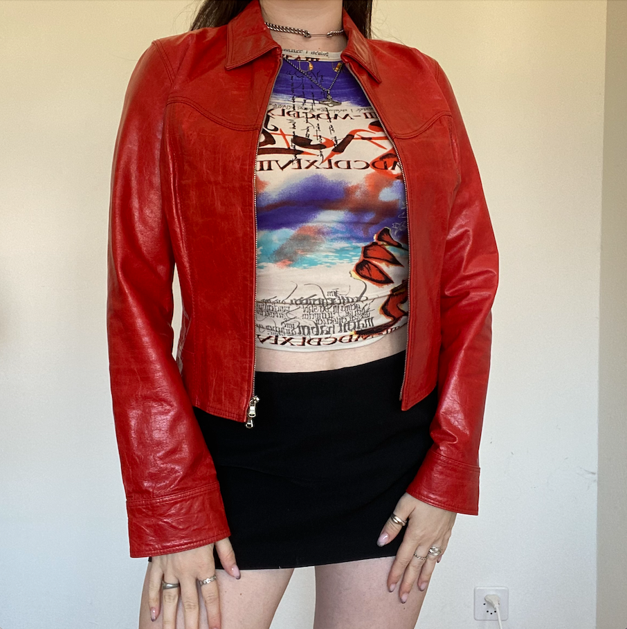 Vintage 90's Double Zip Red Leather Jacket (XS/S)