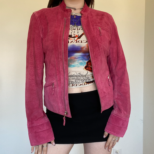 Vintage 90's Pink Suede Leather Jacket with Contrast Stitching (S/36 EU)