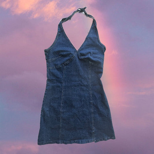 Vintage 90's Summer Denim Halter Mini Dress (S / 36 EU / UK 8 / US 4)