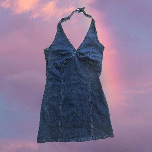 Vintage 90's Summer Denim Halter Mini Dress (S / 36 EU / UK 8 / US 4)