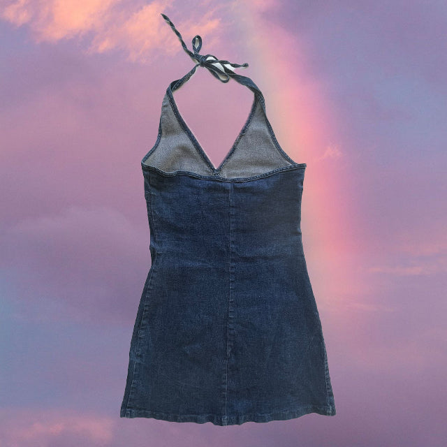 Vintage 90's Summer Denim Halter Mini Dress (S / 36 EU / UK 8 / US 4)