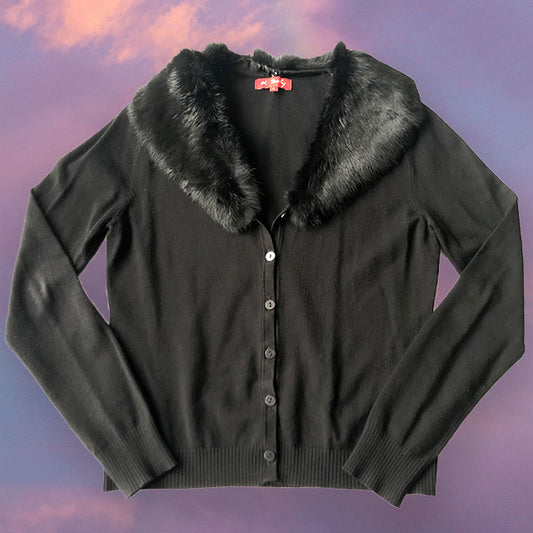 Vintage 90's Black Cardigan with Faux Fur Collar (S/M)