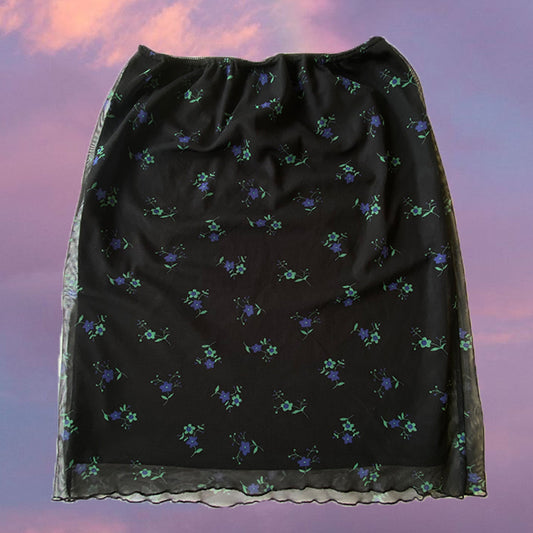 Vintage 90's Witchy Fairy Mesh Blue Floral Midi Skirt (M)