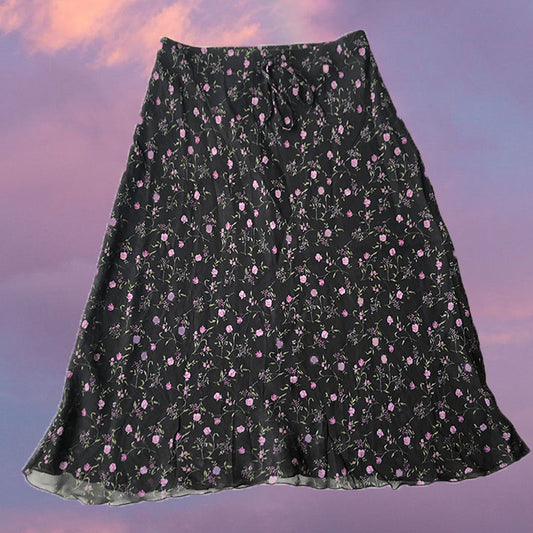 Vintage 90's Witchy Mesh Midi Skirt with Purple Floral Detail (36 EU/UK 8)