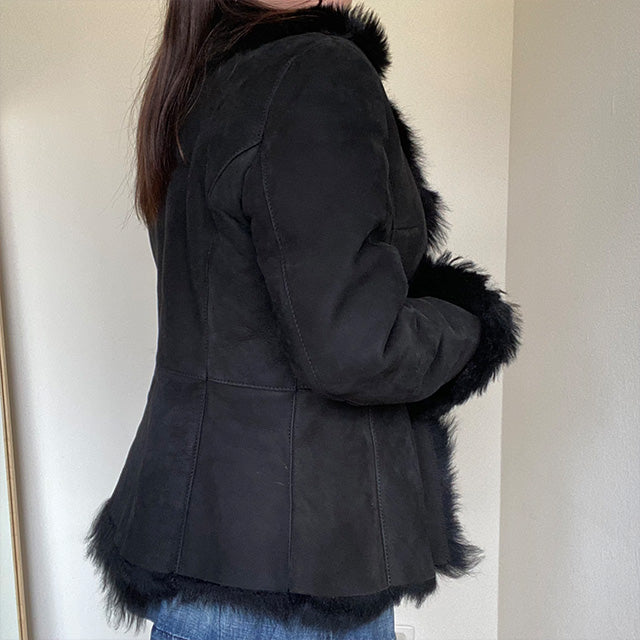 Vintage 90's Black Leather Afghan Jacket (36 EU / UK 8)