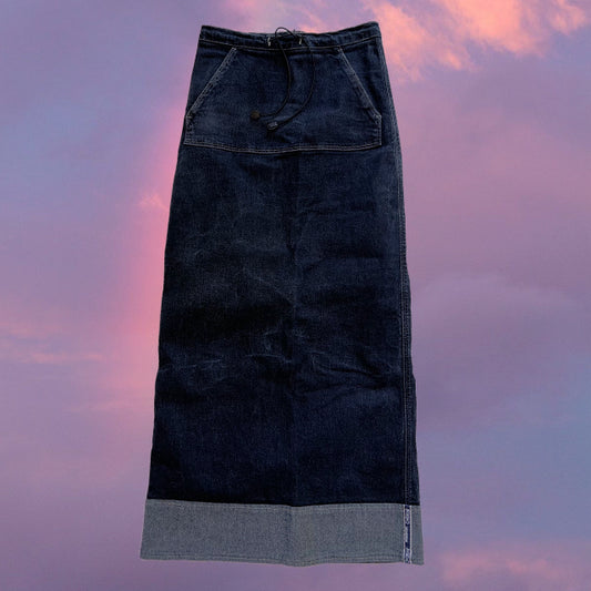 Vintage 90's Sporty Denim Cargo Maxi Skirt with Waist Toggles (S)