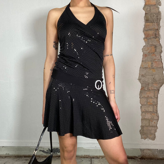 Vintage 2000's Clubwear Black on Black Dotted Shiny Dress with Belt Detail (S/M)