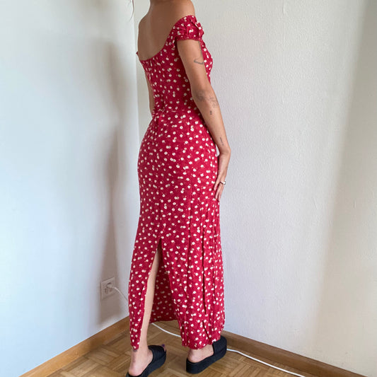 Vintage 90’s Romantic Red Floral Milkmaid Maxi Dress (S)