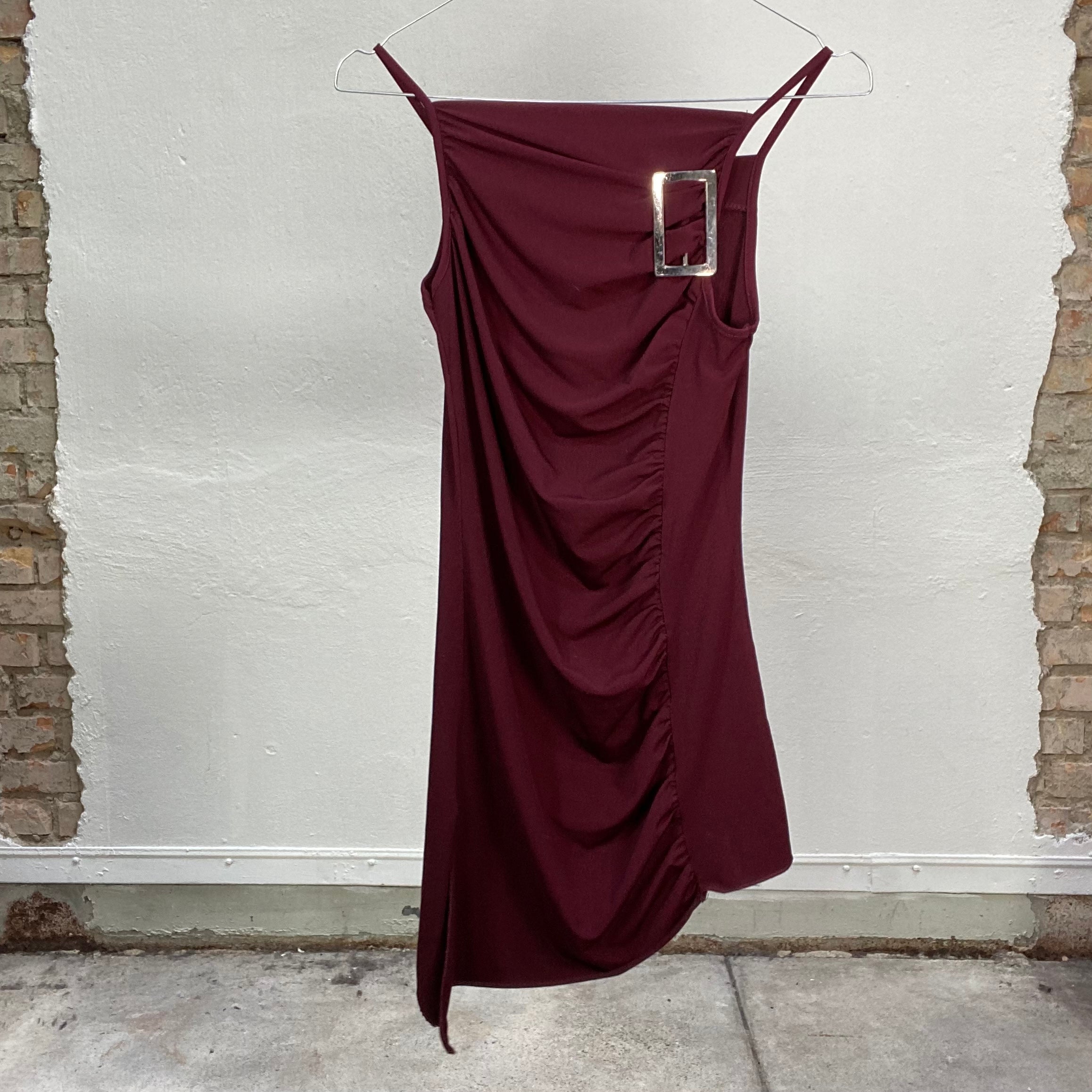 Vintage 2000's Clubwear Dark Red Mini Dress with Buckle and Ruffle Det