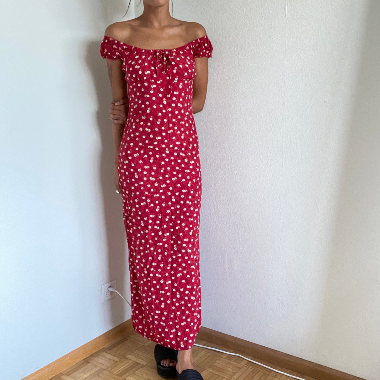 Vintage 90’s Romantic Red Floral Milkmaid Maxi Dress (S)