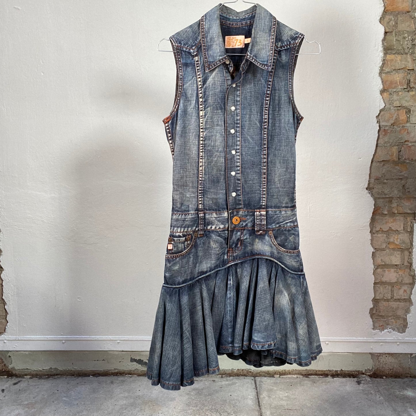 Vintage 2000's Sleaze Denim Mini Dress with Pleated Bottom (XS/S)