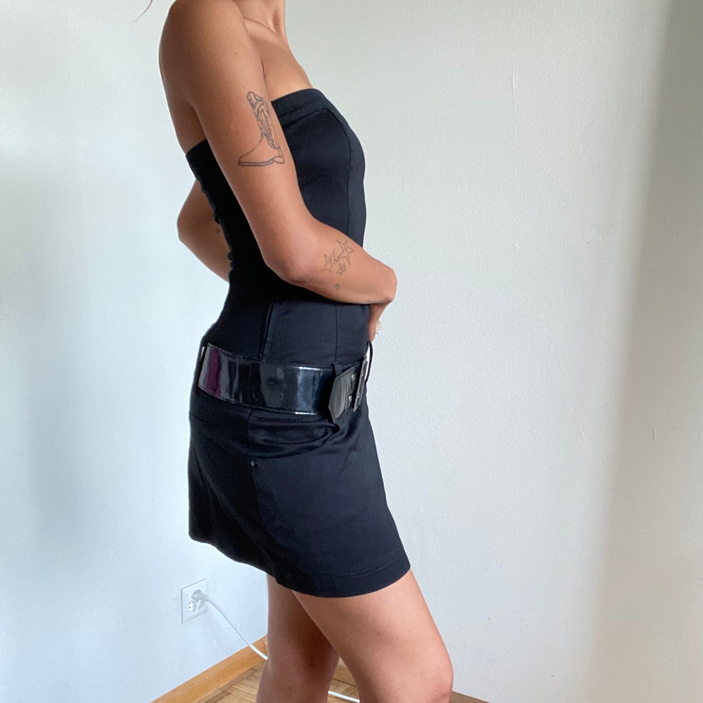 Vintage 90’s Clubwear Black Mini Strapless Dress with Belt (S)