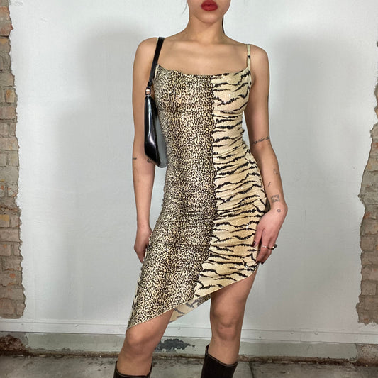 Vintage 2000's Clubwear Beige Tiger and Leo Print Backless Dress (S)