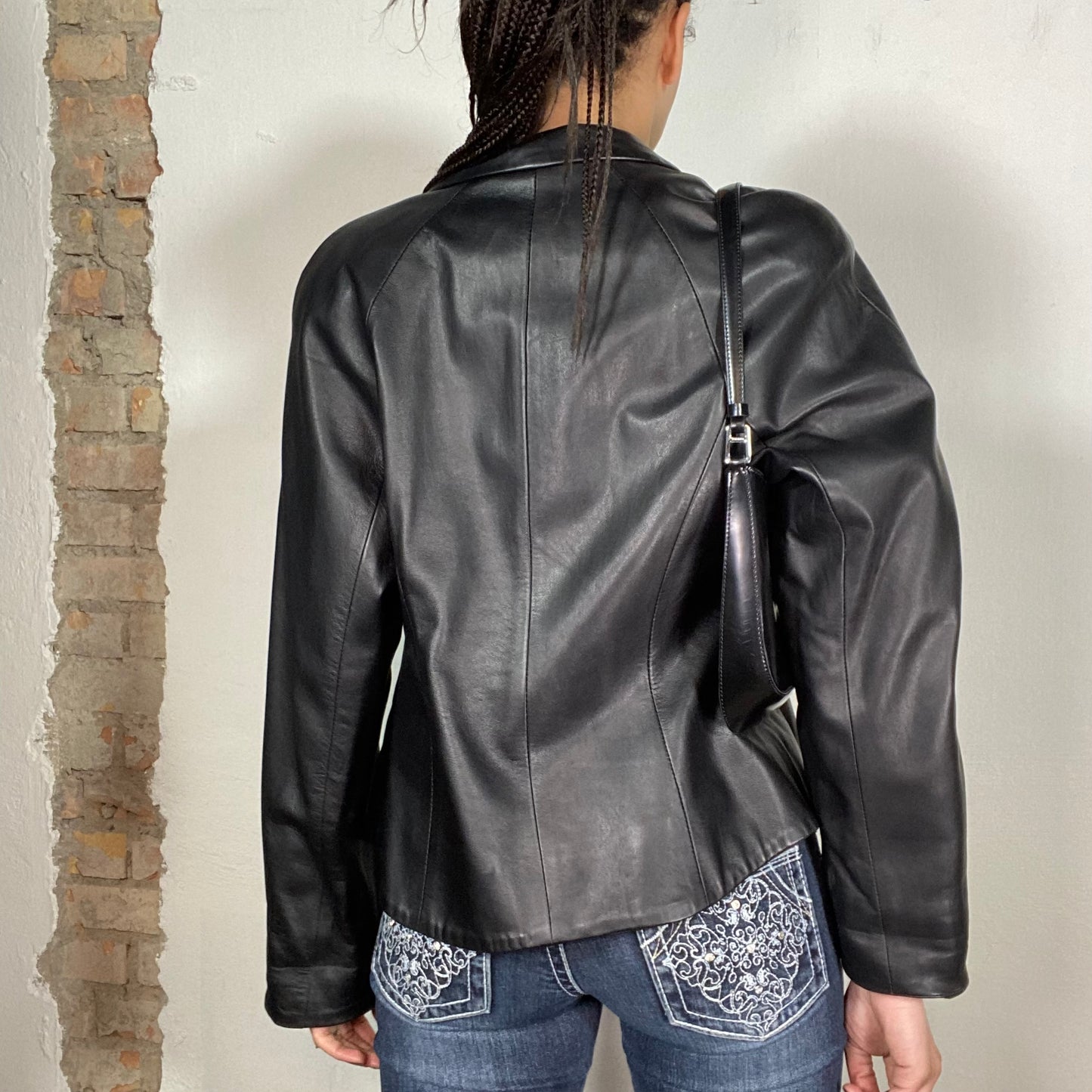 Vintage 90's Model Off Duty Black Short Leather Jacket (S/M)