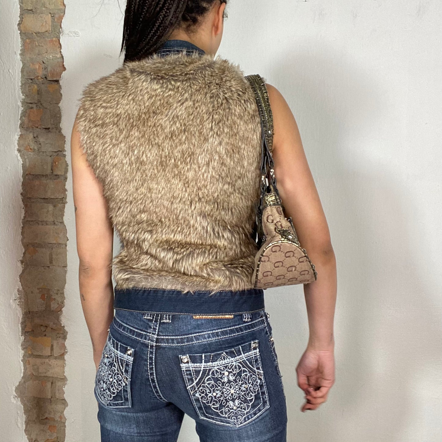 Vintage 90's Streetwear Faux Fur Vest with Denim Trim (S) mol