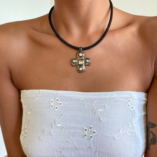 Vintage 90's Whimsigoth Chunky Silver Cross Cord Necklace