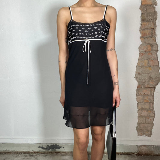 Vintage 2000's Lingerie Black Mesh Dress with White Floral Embroidery and Bow Detail (S/M)