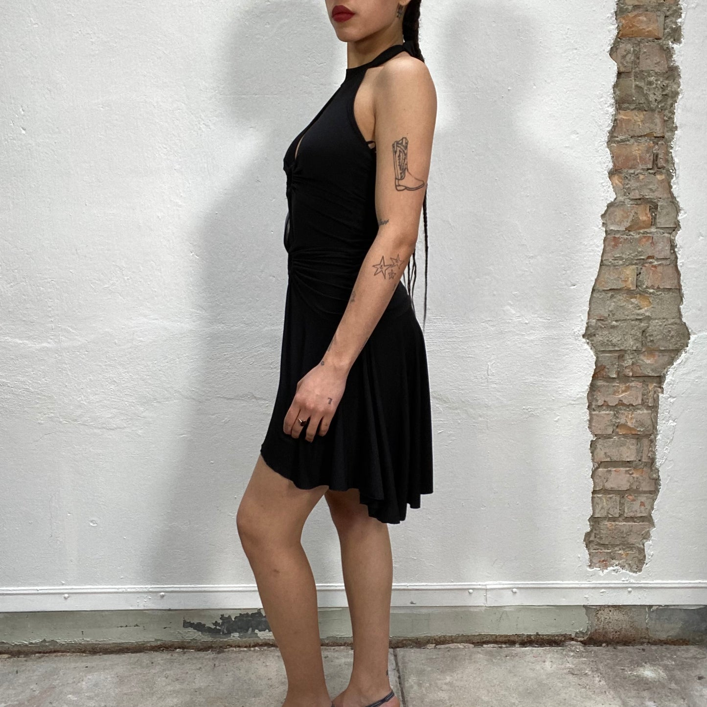 Vintage 2000's Cyber Black Halter Neck Dress with Ring Details (S)